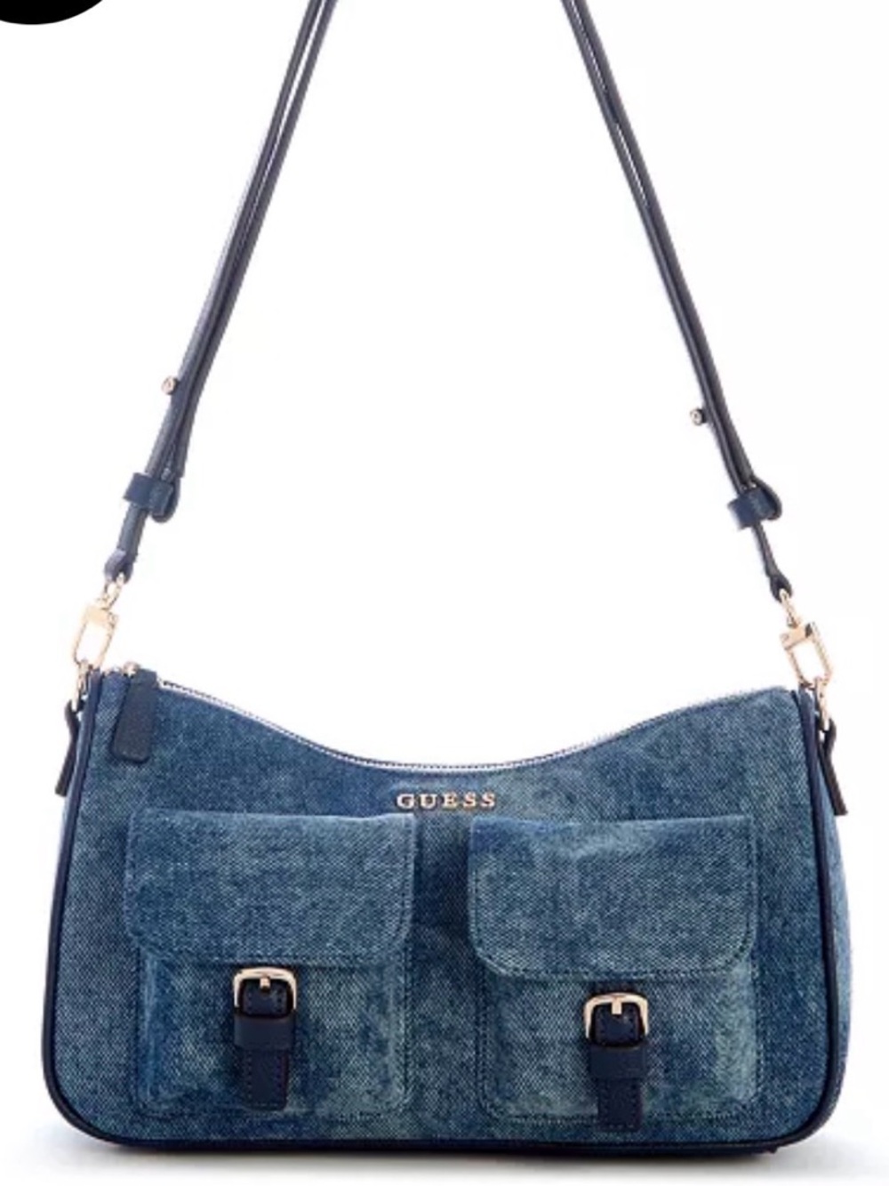 GUESS Denim Shoulder Bag with Dual Front Pockets - Dark Blue